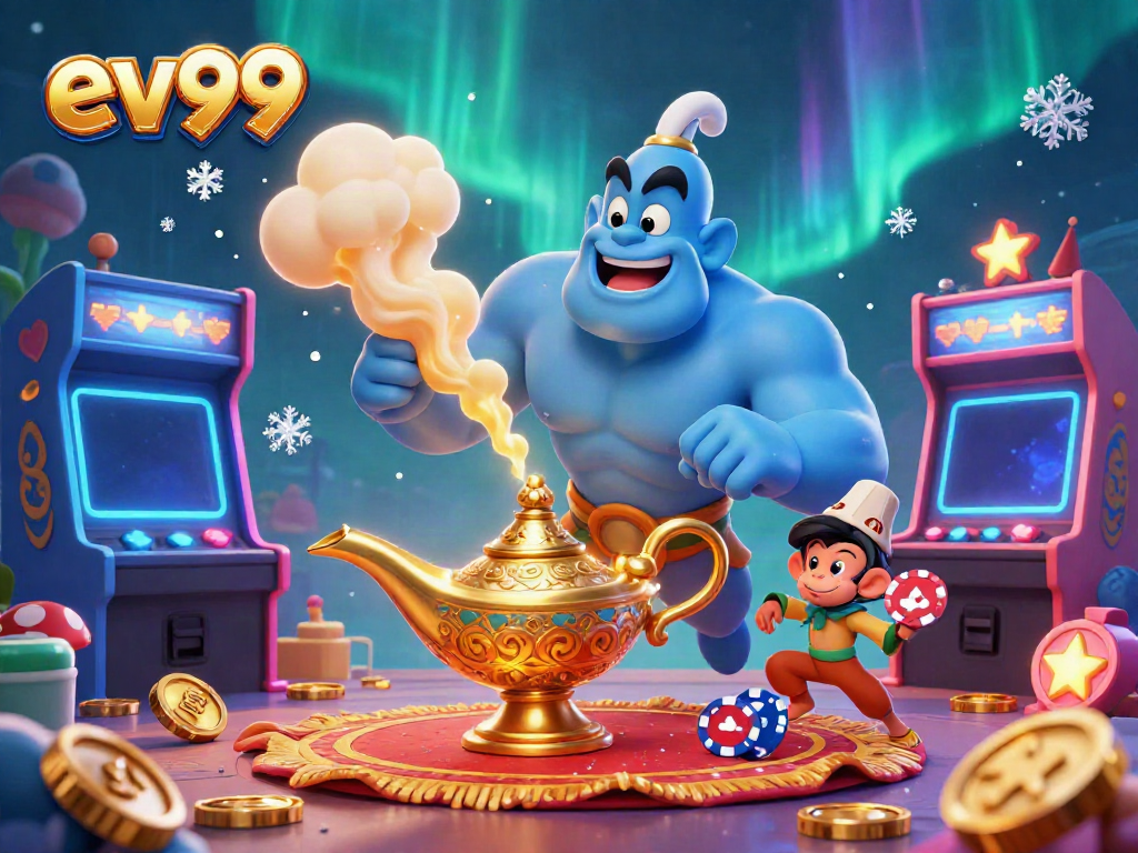 Join the fun with ev99 casino games featuring a vibrant genie and lively characters!