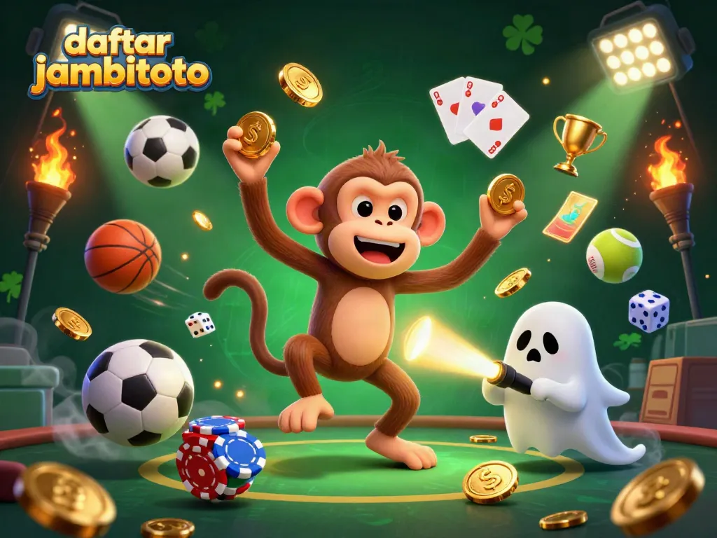 Engage with the exciting world of daftar jambitoto amidst a lively haunted casino scene filled with golden sports elements.