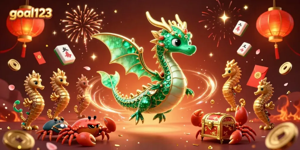 Experience the magic of goal123 with a vibrant sea dragon guarding treasures amidst festive gambling elements.