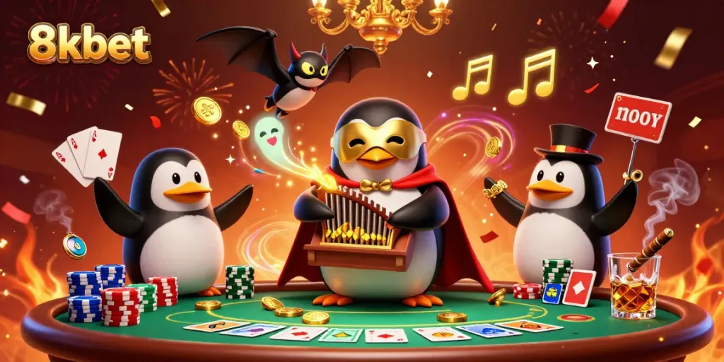 Experience the action at 8xbet with a vibrant casino scene featuring a cartoon penguin and poker elements.