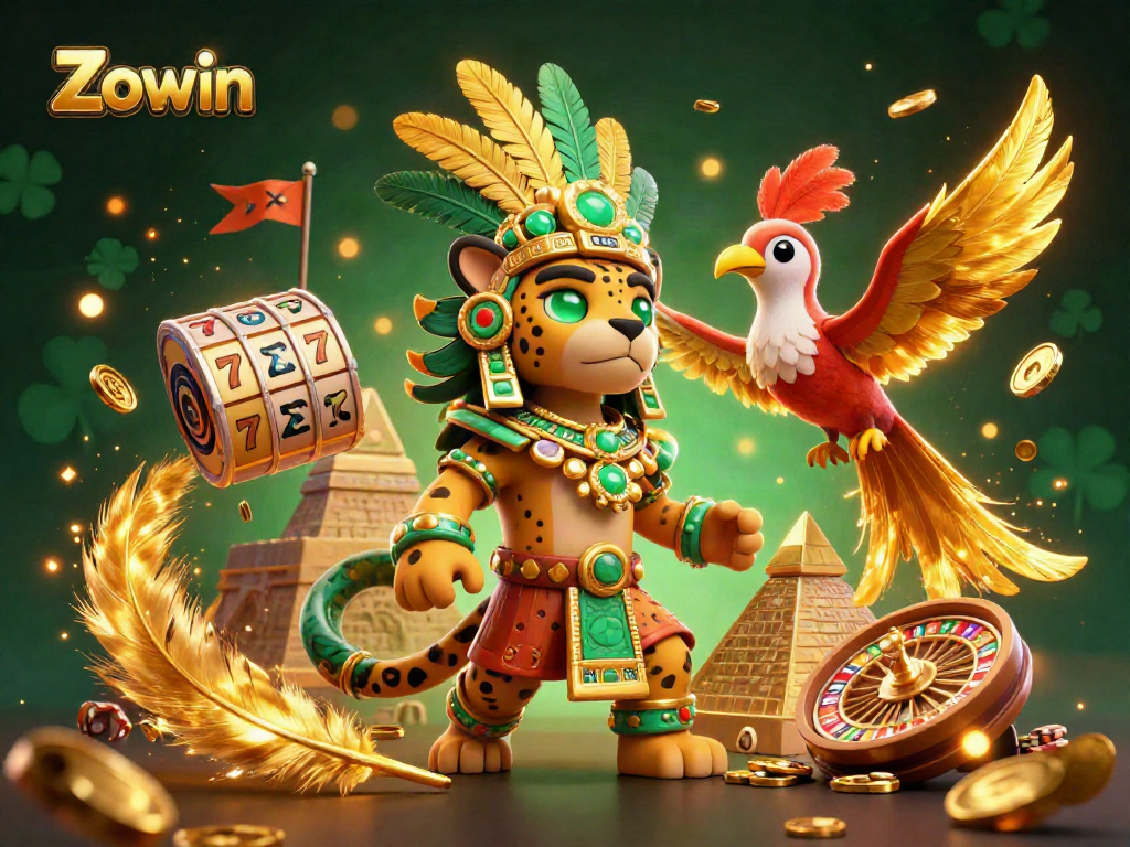 Experience exciting gameplay at Zowin with vibrant slot reels and casino elements featuring ancient characters.