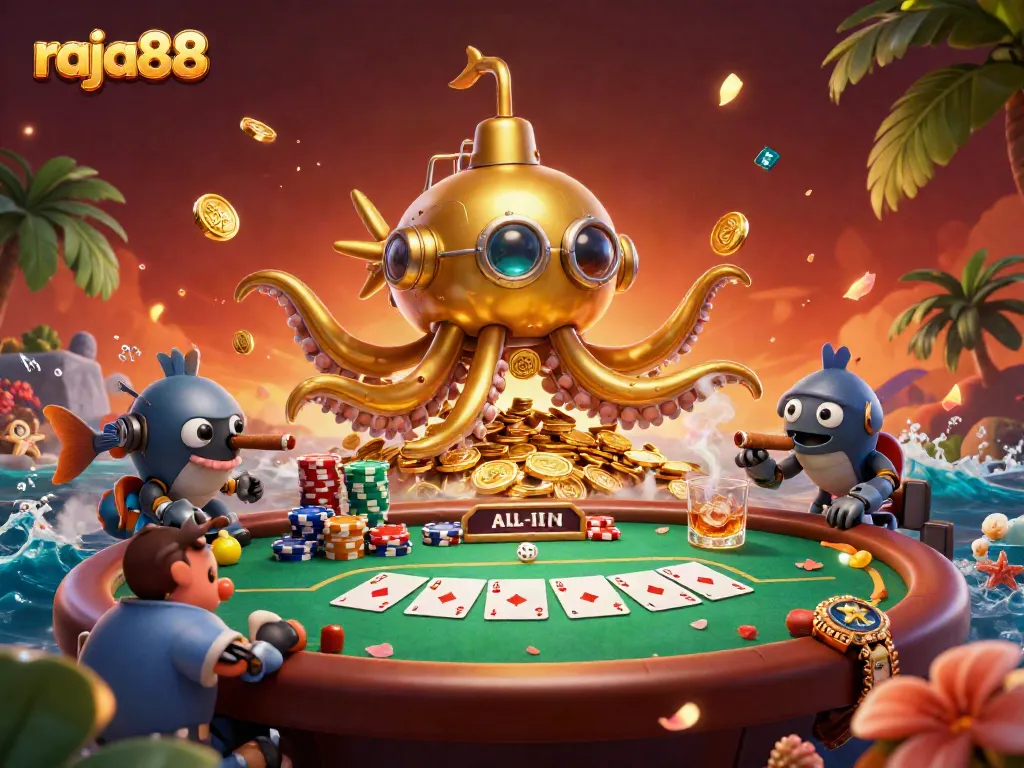 Engage in thrilling gameplay with raja88, featuring a golden kraken submarine amidst coins, poker elements, and vibrant scenery.