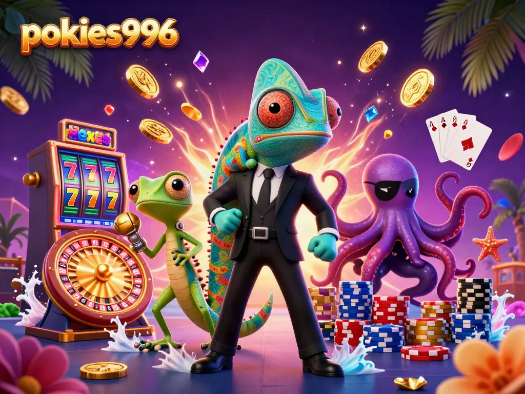 Experience gaming excitement at pokies996 with vibrant casino elements and thrilling characters.