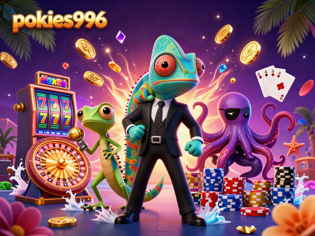 Experience gaming excitement at pokies996 with vibrant casino elements and thrilling characters.