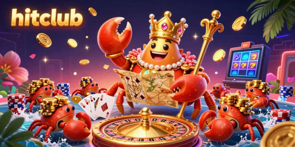 Experience the hitclub magic with a vibrant scene of a golden crab emperor amidst cascading coins and a spinning roulette wheel.