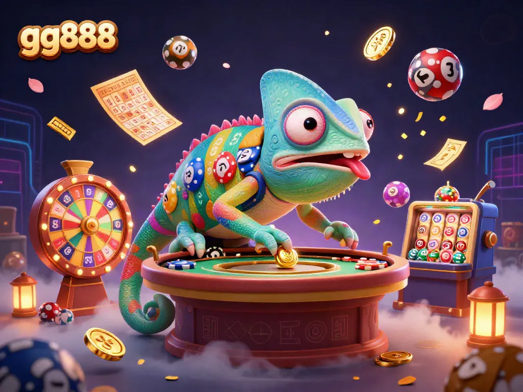 Engage with gg888's thrilling gaming scene, featuring a vibrant chameleon casino owner in action.