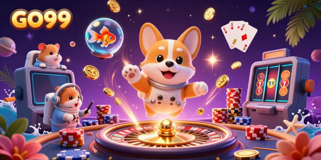 Experience thrilling action in the GO99 casino with a floating astronaut corgi, mission hamster, and goldfish.