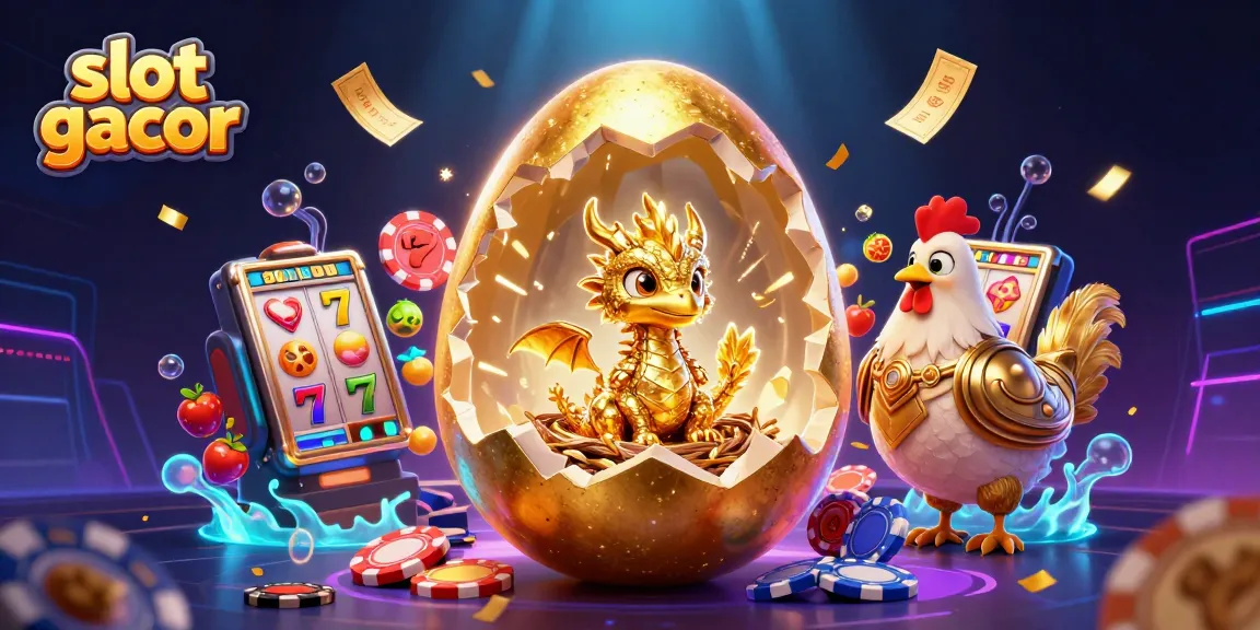 Membangkitkan semangat bermain slot gacor dengan ilustrasi 3D telur emas yang mengeluarkan naga kristal emas dan simbol slot berwarna-warni.