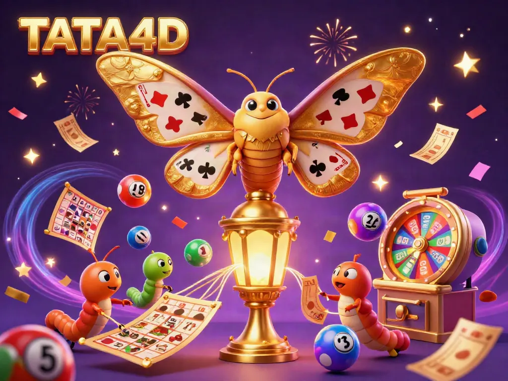 TATA4D enchants with a vibrant 3D illustration of a mystical scene filled with casino-themed elements raining down.