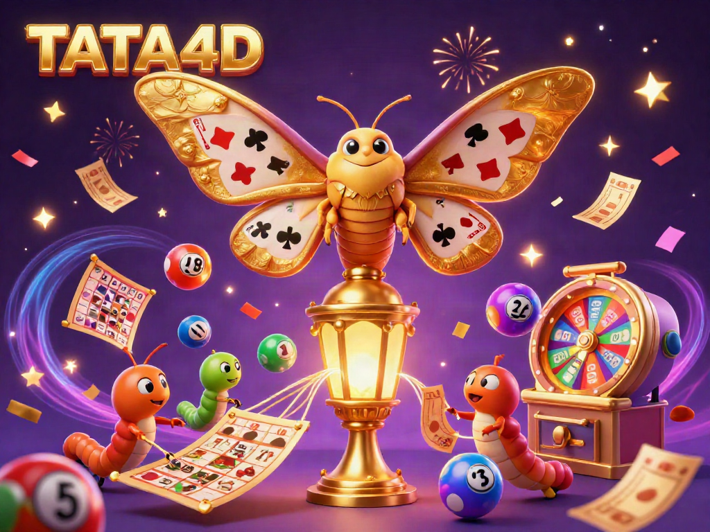 TATA4D enchants with a vibrant 3D illustration of a mystical scene filled with casino-themed elements raining down.