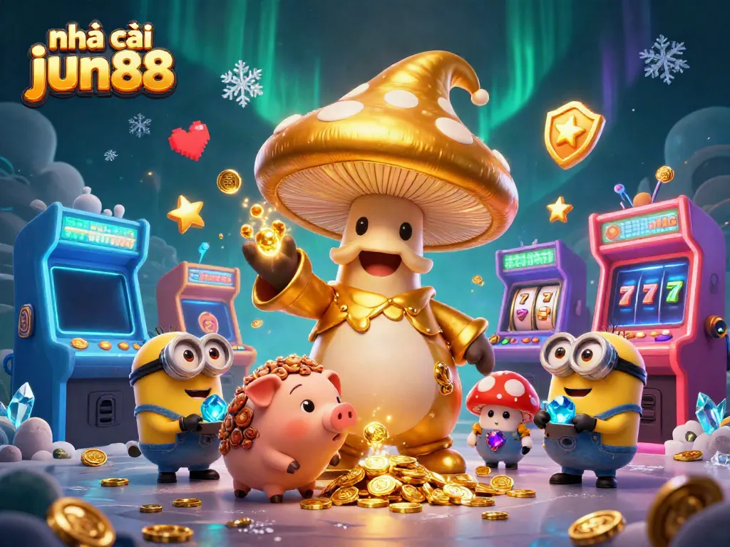 Capture the magic of nhà cái jun88 with a whimsical scene of golden mushroom wizard and treasures in a vibrant casino.