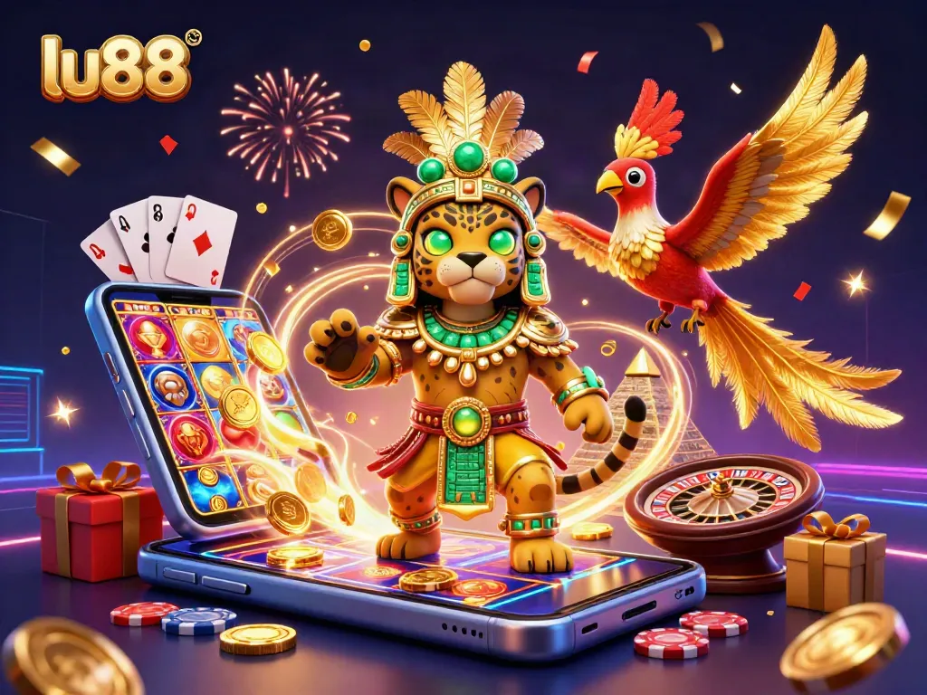 Experience stunning winnings at lu88 with a lively 3D illustration depicting vibrant casino games.