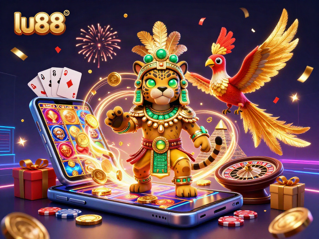 Experience stunning winnings at lu88 with a lively 3D illustration depicting vibrant casino games.