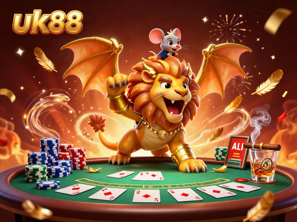 Experience the excitement of uk88 with a golden chimera, poker chips, and celebration effects.