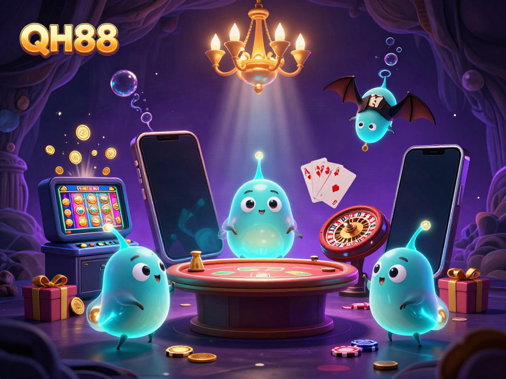 Experience QH88's vibrant casino atmosphere with glowing characters and exciting gaming elements.