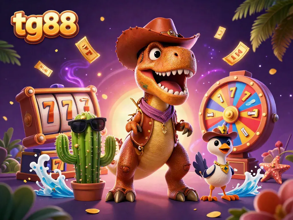 Engage exciting gameplay at tg88 with a vibrant casino-themed illustration, featuring a dinosaur and colorful game elements.