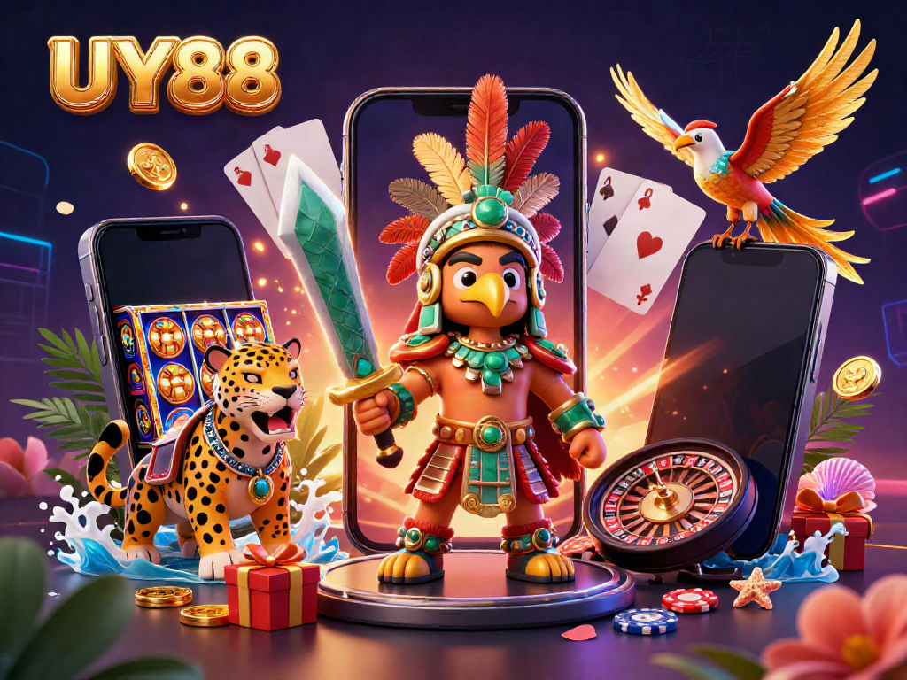 Engage with UY88's vibrant 3D casino scene featuring Aztec warriors and thrilling gaming elements.