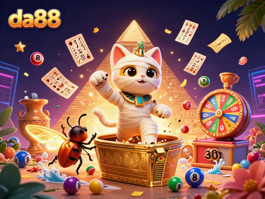 Engaging da88 scene with a bursting Egyptian mummy cat and vibrant casino elements.