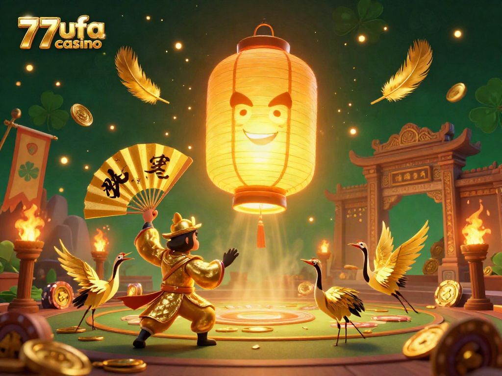 Join the excitement of 77ufa casino with a mesmerizing 3D golden lantern spirit surrounded by vibrant gambling elements.