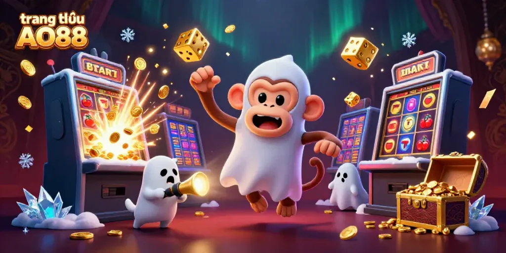 Experience the thrill of gaming at trang chủ AO88 with a playful poltergeist and ghost-hunter puppy.