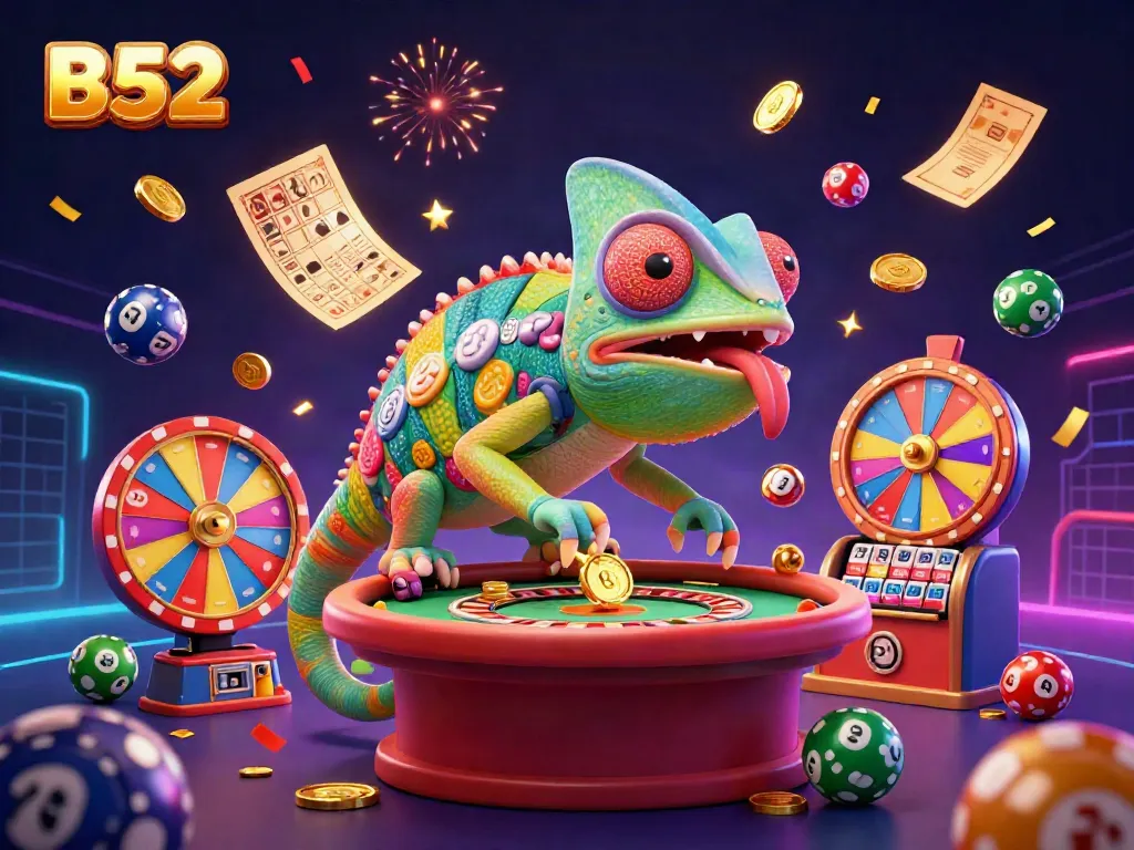 Experience the excitement of B52 with a lively casino scene showcasing a chameleon owner amidst dynamic gaming elements.