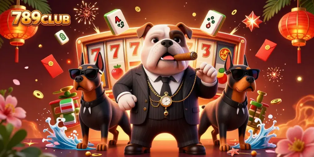 Play exciting games at 789CLUB with a 3D cartoon bulldog mafia boss illustration.