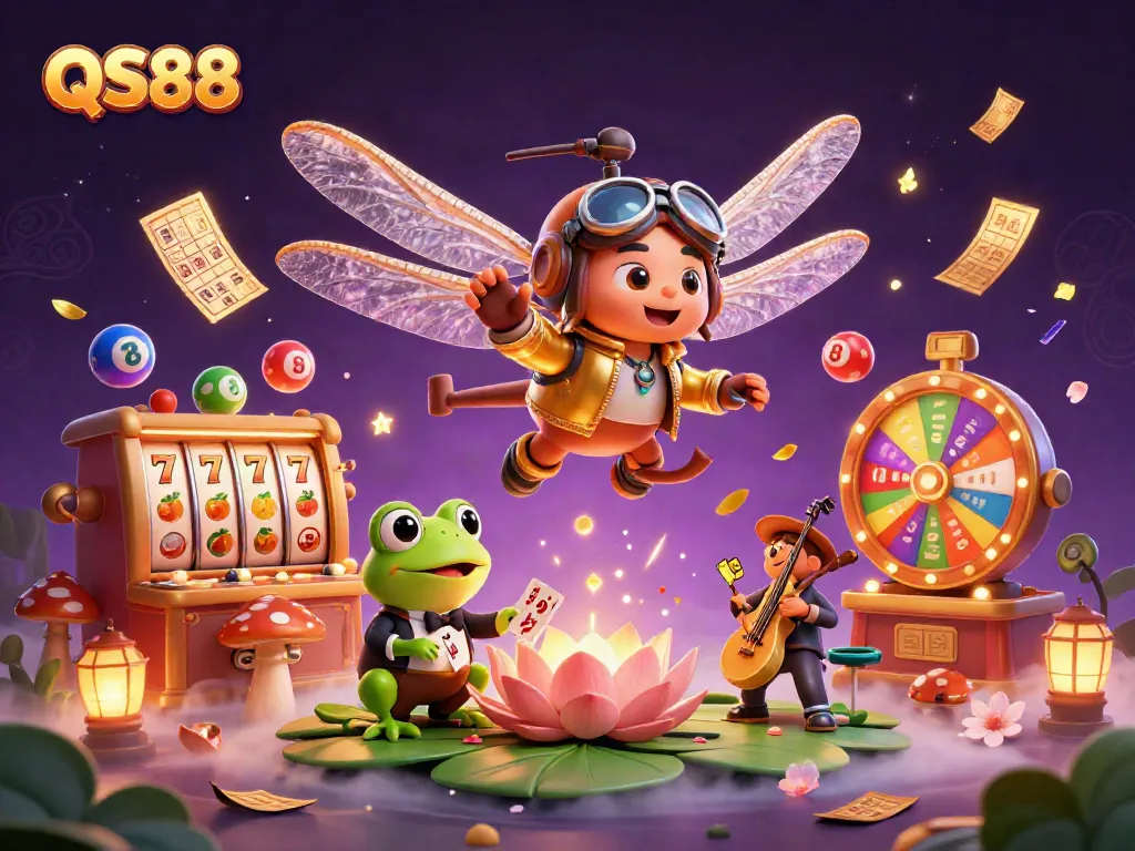 Experience the thrilling QS88 gaming world with a vibrant illustration of a dragonfly pilot, frog croupier, and jazzy cricket band.