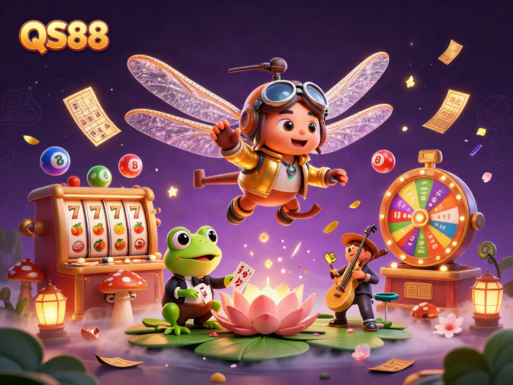 Experience the thrilling QS88 gaming world with a vibrant illustration of a dragonfly pilot, frog croupier, and jazzy cricket band.