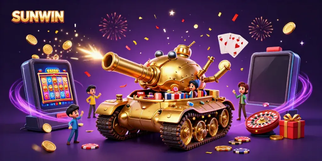 SUNWIN celebrates with a vibrant casino scene full of games, colorful elements, and energetic visuals.
