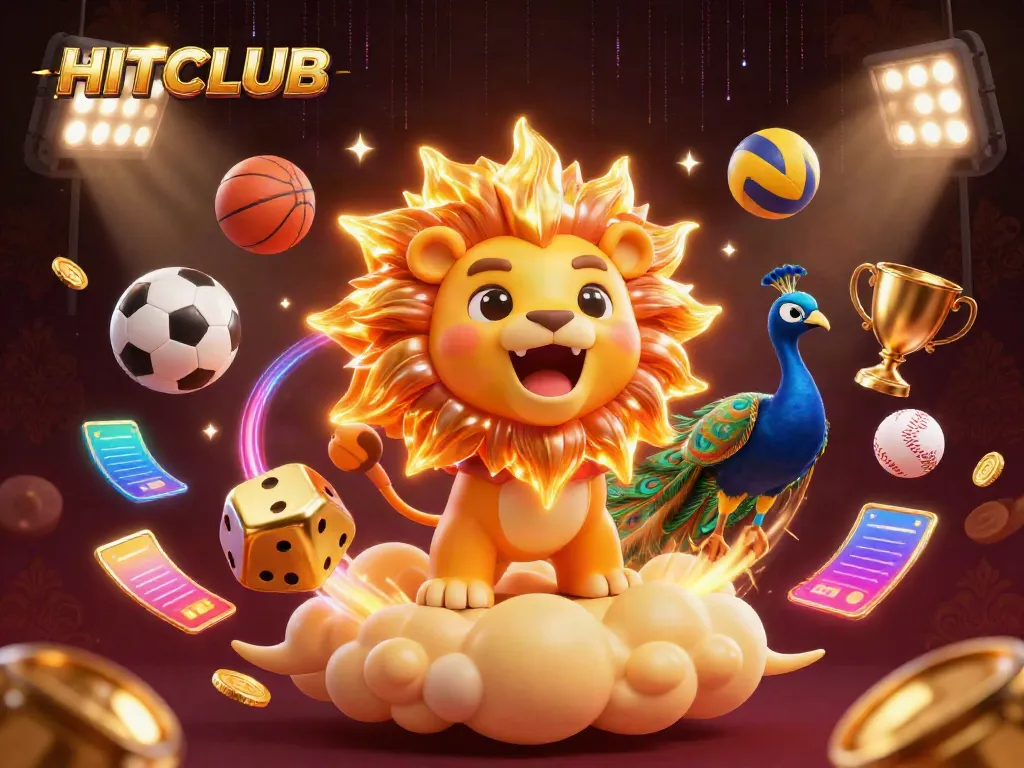 Experience the thrill of HITCLUB with vibrant casino elements and a triumphant sun lion