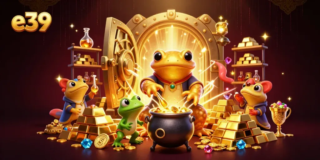 Engaging e39 scene with golden salamander and frog in a magical casino setting.
