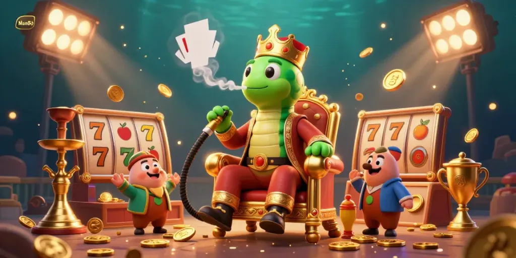 Engage with the vibrant Man88 casino scene showcasing dynamic slot reels and a caterpillar master surrounded by gaming elements.
