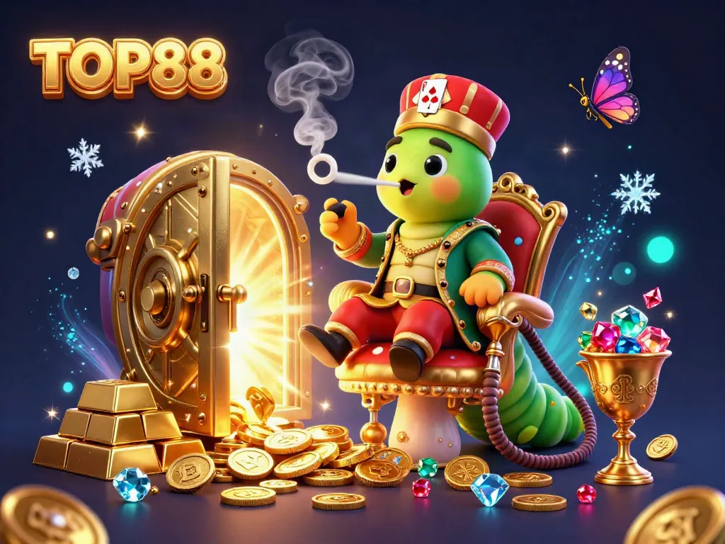 Engage with TOP88's dynamic gaming atmosphere through a whimsical casino scene featuring unique characters and treasures.