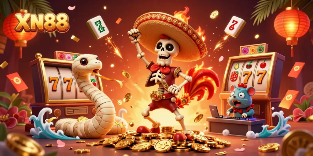 XN88 illustrates a vibrant casino scene with a skeleton mariachi rooster celebrating amidst slots and colorful decorations.
