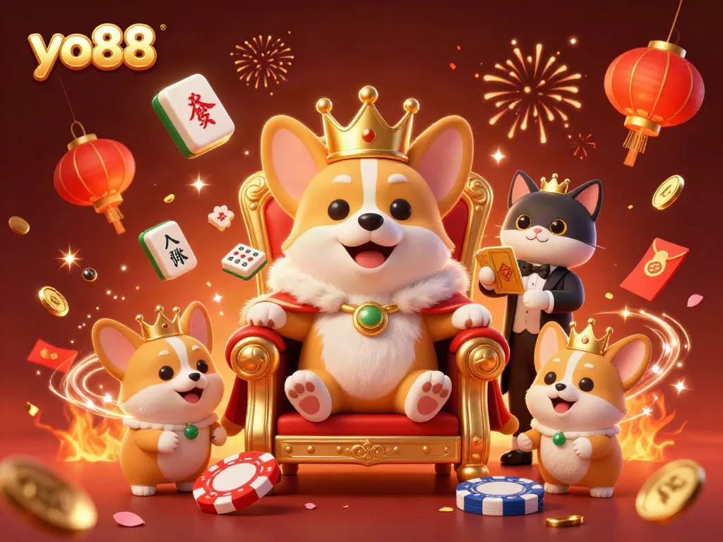 Experience thrilling moments at yo88’s vibrant casino scene featuring a royal corgi and golden game elements.