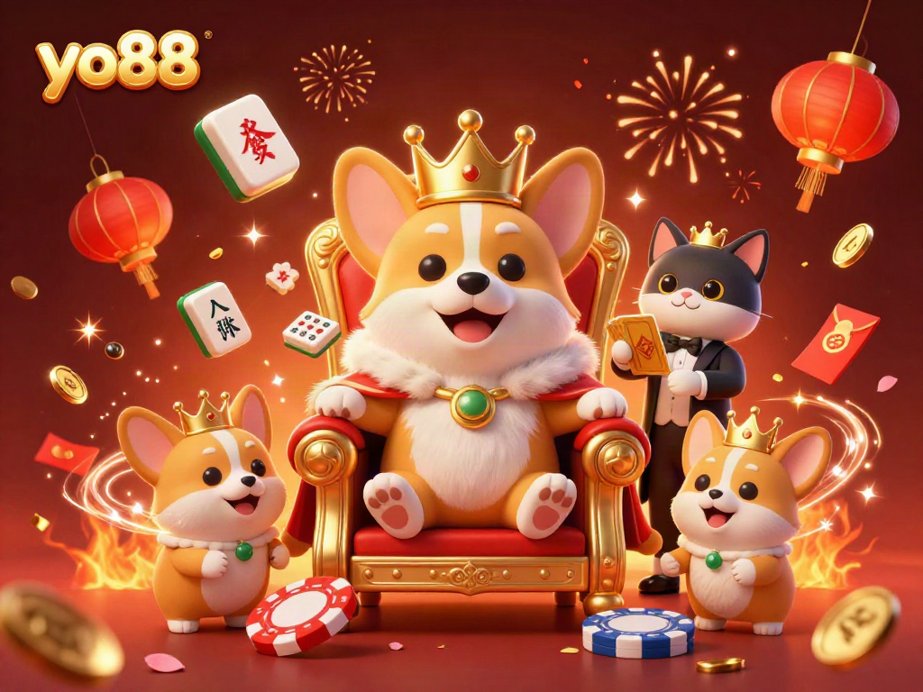 Experience thrilling moments at yo88’s vibrant casino scene featuring a royal corgi and golden game elements.