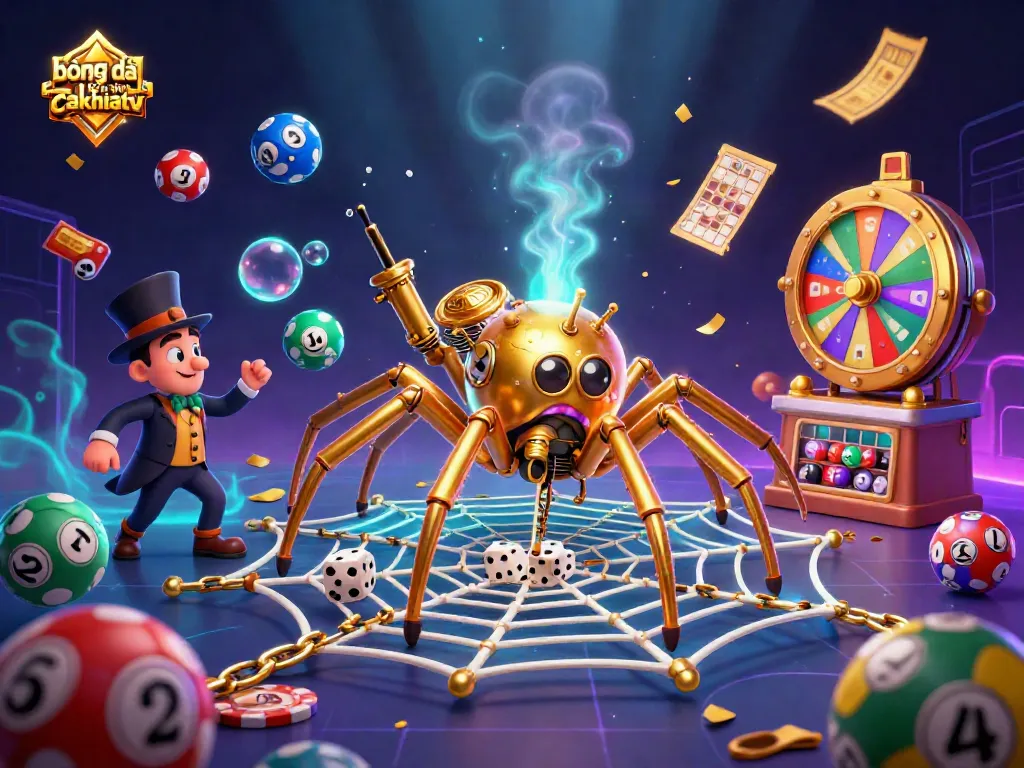 Engage with bóng đá trực tuyến cakhiatv featuring a steampunk spider creating a golden web of opportunities, embodying excitement and strategy.