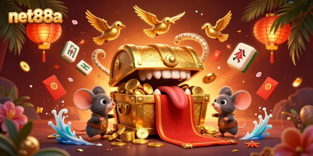 Engage with net88a's captivating gaming world, featuring treasure chests and dynamic casino elements.