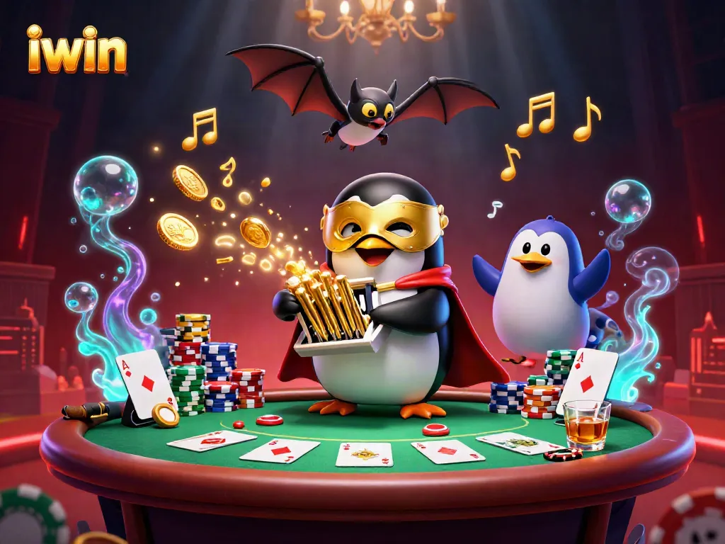 iwin showcases an animated penguin playing an organ, shooting coins, amidst casino elements.