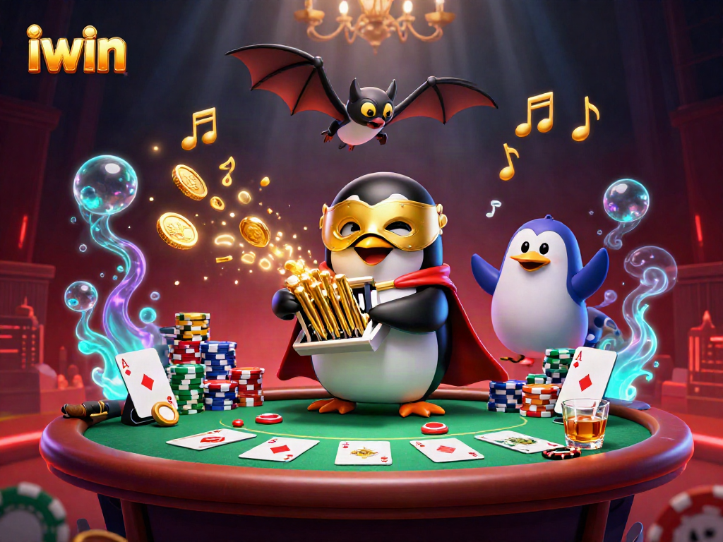 iwin showcases an animated penguin playing an organ, shooting coins, amidst casino elements.