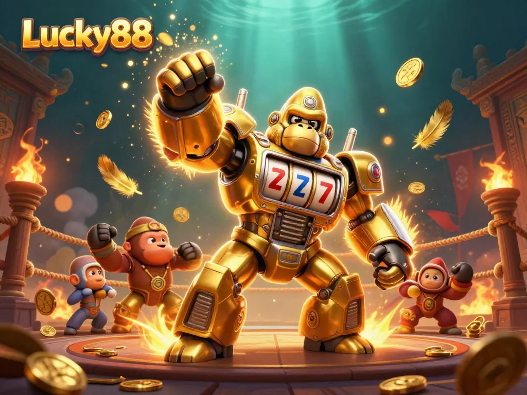 Experience winning action at Lucky88 with a 3D golden gorilla mech and dynamic casino elements.