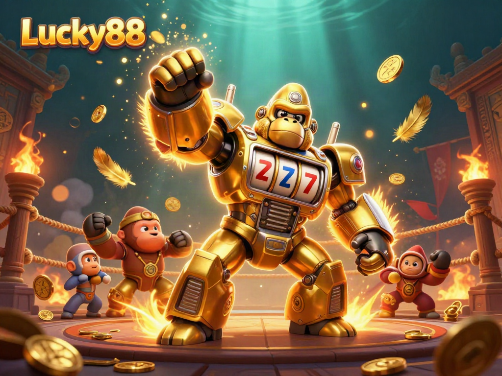 Experience winning action at Lucky88 with a 3D golden gorilla mech and dynamic casino elements.