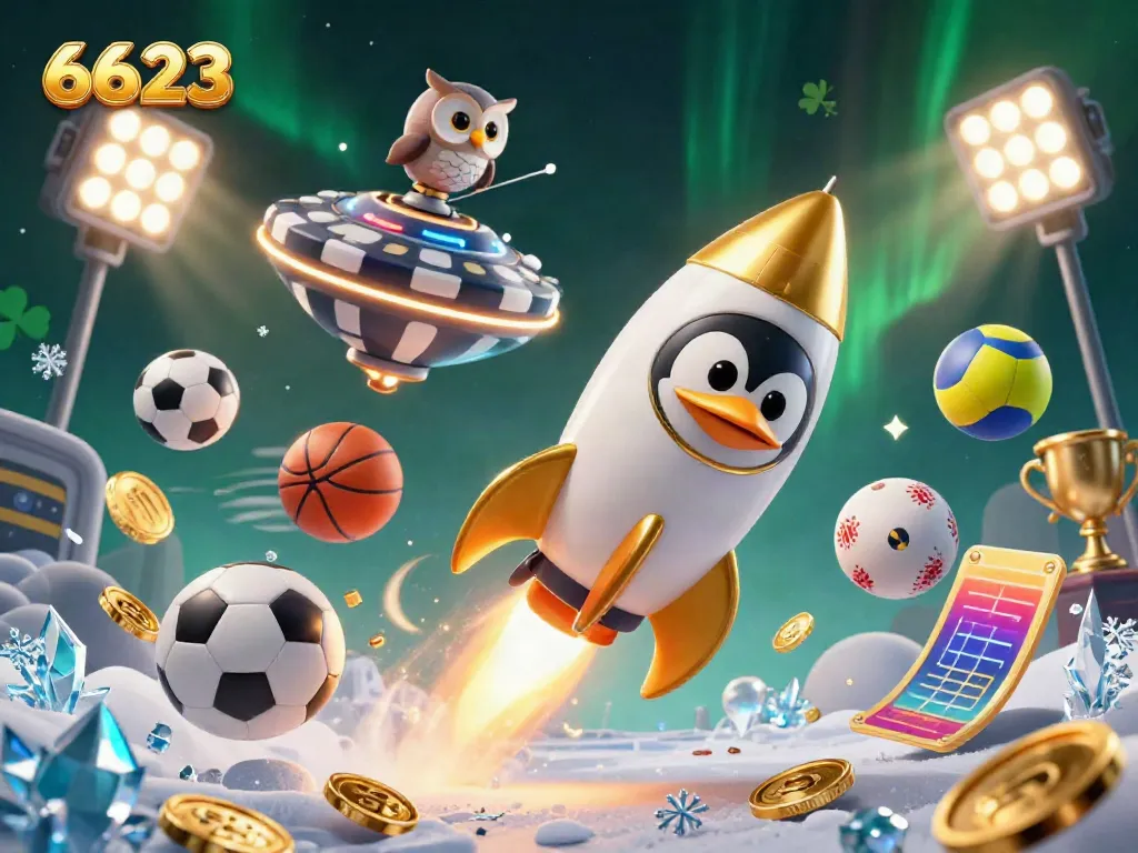 Experience thrilling adventures with a golden penguin flying through space and a casino-inspired environment at 6623.