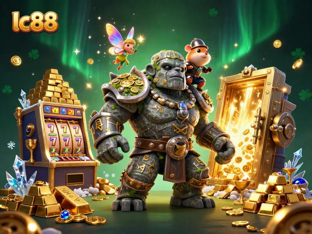 Engage with lc88's vibrant gaming scene showcasing treasure, slot machines, and magical characters.