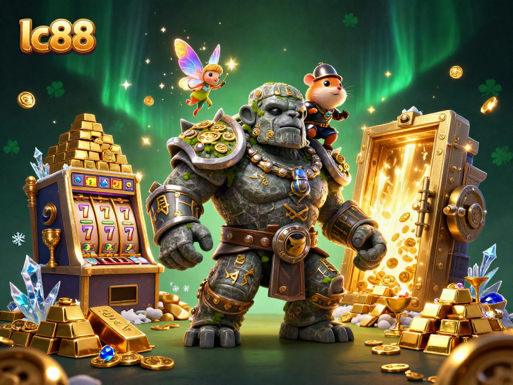 Engage with lc88's vibrant gaming scene showcasing treasure, slot machines, and magical characters.