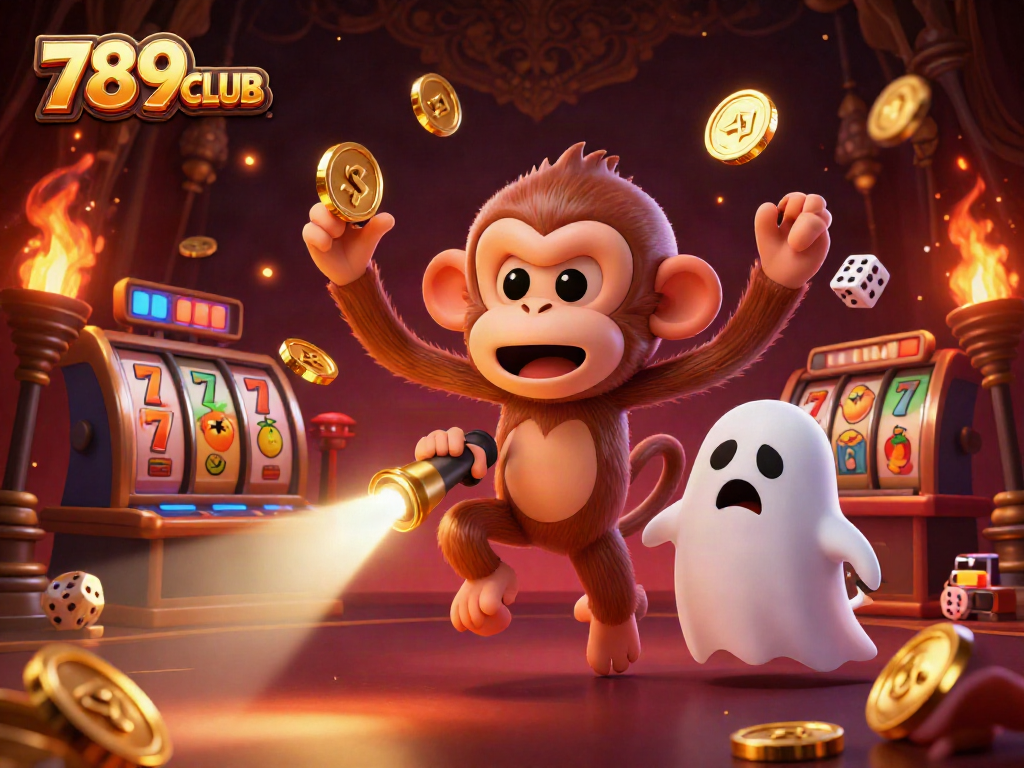 Engage with 789CLUB's dynamic casino world, featuring a mischievous monkey navigating the haunted casino.