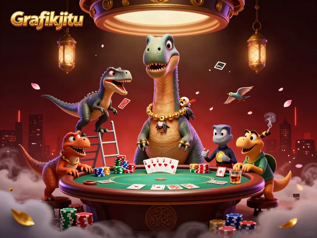 Grafikjitu showcases a vivid casino scene with a towering brontosaurus overseeing a poker table.
