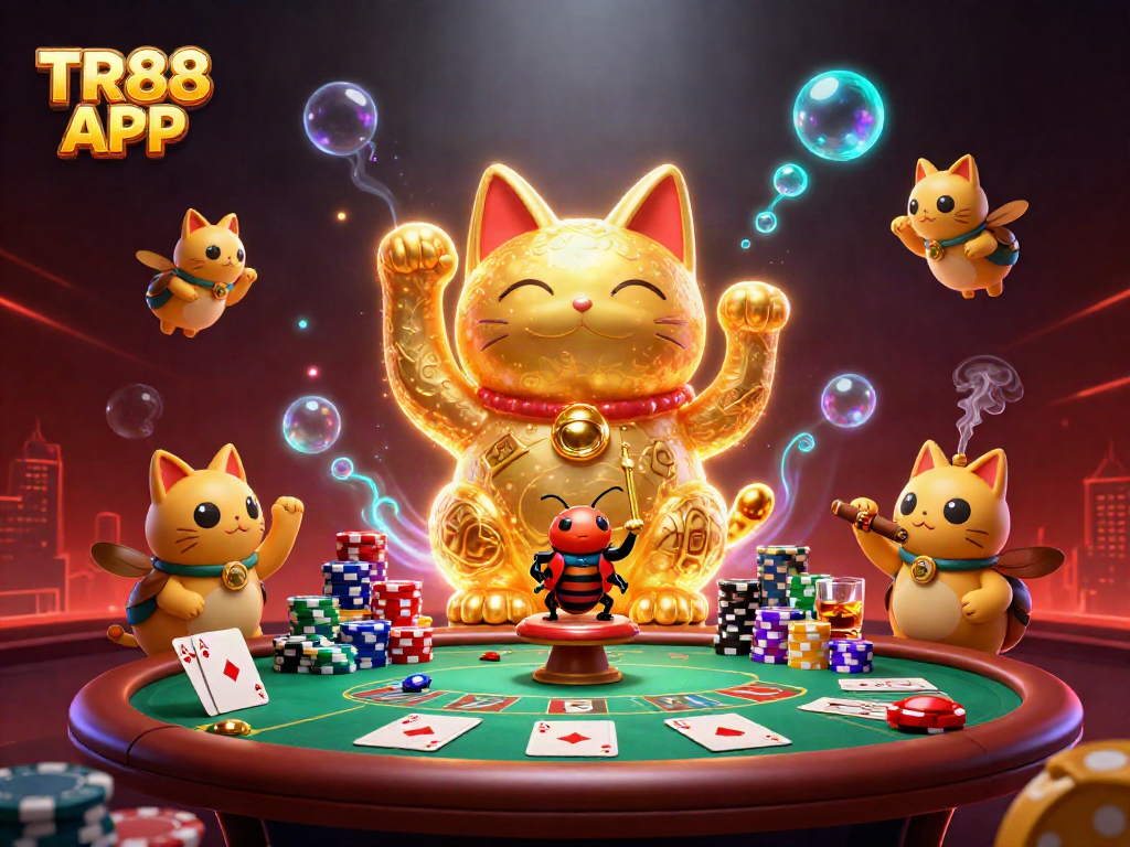 Experience the vibrant world of gaming with TR88 APP, featuring a lucky cat made of fireflies amidst casino elements.