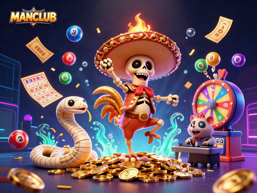Join the lively MANCLUB with a dancing skeleton rooster, mummy snake, and zombie DJ amid a vibrant casino scene.
