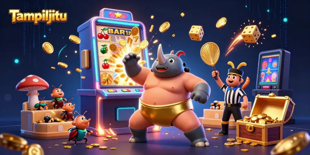 Tampiljitu offers an exciting slot experience with vibrant cartoon characters celebrating a jackpot victory.